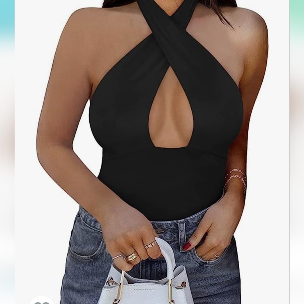 REORIA Sexy Criss‎ Cross Halter Neck Sleeveless Thong Bodysuits black Sz 2XL